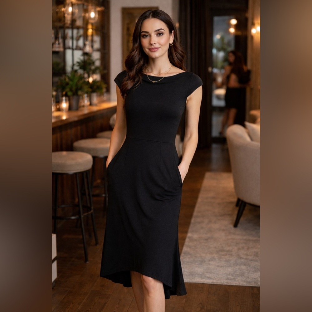 Drozdzik Black Jersey Knit Midi Dress Boatneck Godet Panels Made USA Size Small